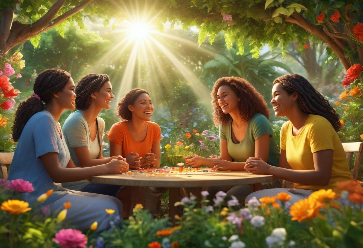 A warm and inviting scene depicting diverse people from around the world engaging in supportive activities, such as group discussions, laughter, and teamwork, surrounded by vibrant greenery and colorful flowers symbolizing growth and happiness. Include soft rays of sunlight filtering through, creating an atmosphere of joy and connection. super-realistic. vibrant colors. 3D.