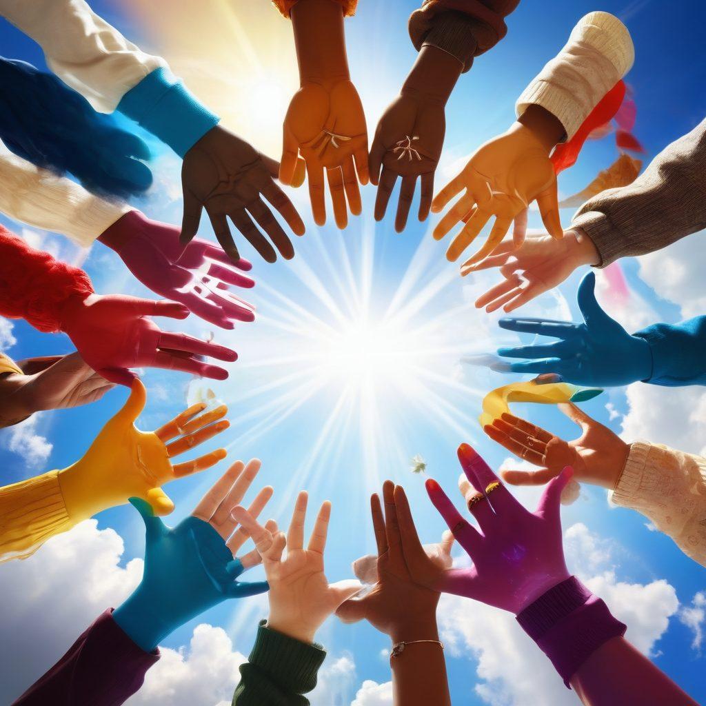 A diverse group of people from different cultures joyfully holding hands in a circle, surrounded by symbols of emotional well-being like hearts and peace symbols. Bright natural scenery in the background with rays of sunshine breaking through clouds, symbolizing hope and solidarity. The expressions on their faces radiate joy and connection, highlighting the theme of empowerment through unity. super-realistic. vibrant colors. 3D.