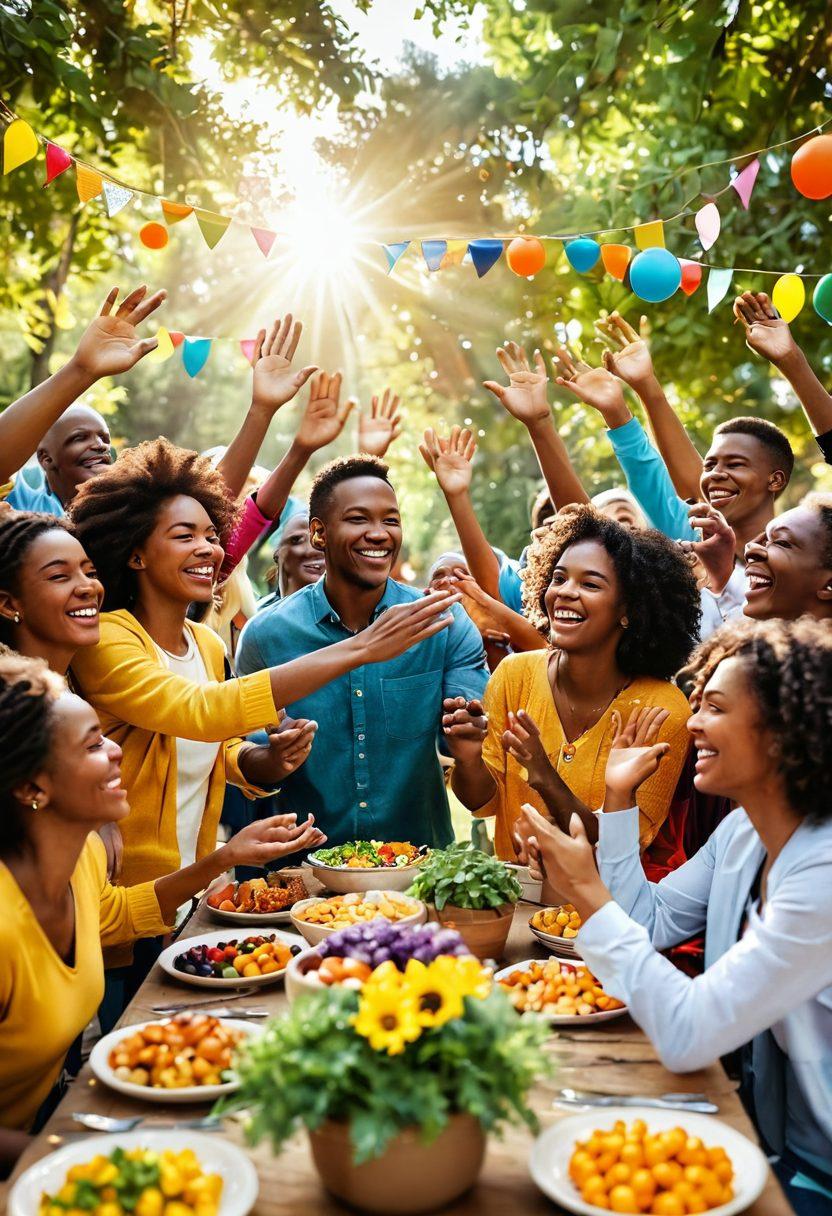 A warm community gathering with diverse people sharing smiles and laughter, surrounded by colorful decorations, plants, and food. Visual elements like hands reaching out to each other symbolize connection, while vibrant sun rays create a sense of happiness and togetherness. Include a beautiful park setting in the background. vibrant colors. 3D.